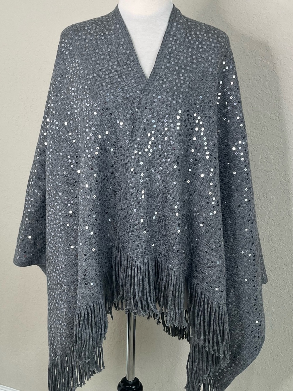IMAN Metallic Gray Knit Pancho with Subtle Shimmerw